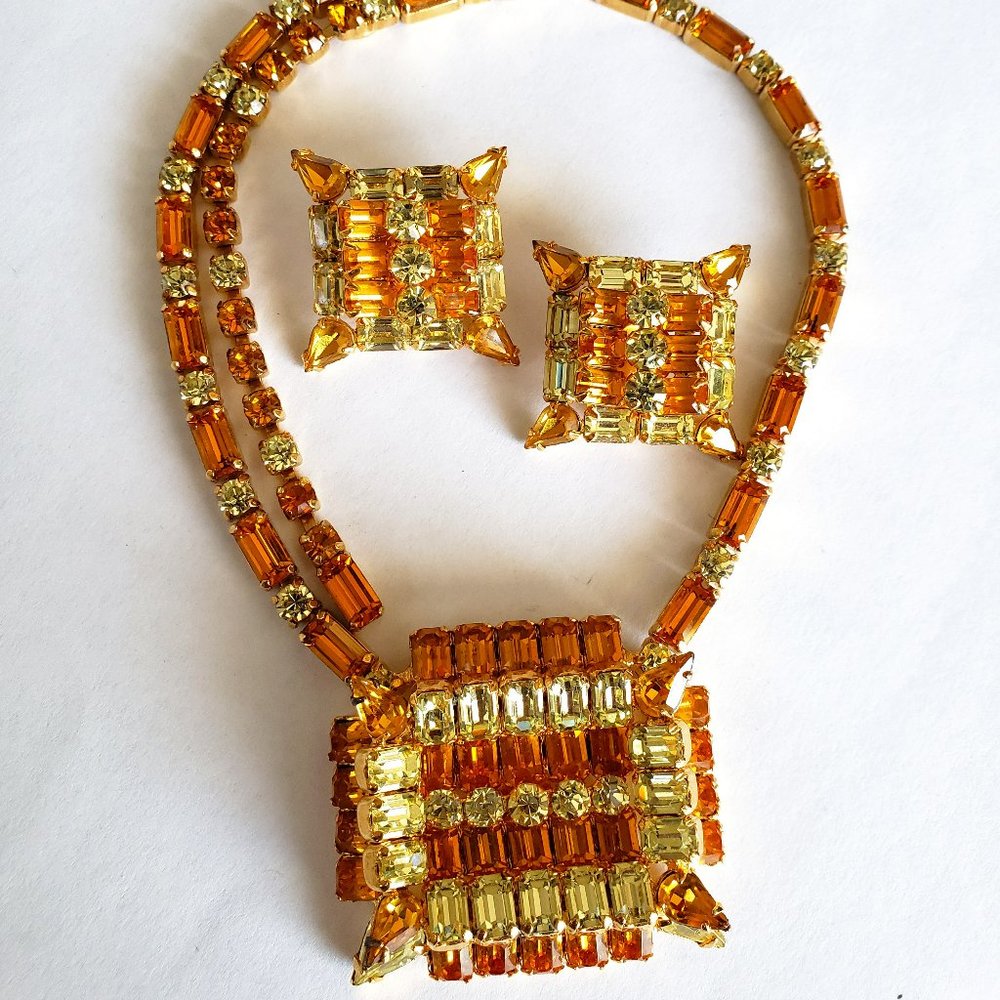 Vintage KRAMER OF NEW YORK Art Deco Yellow Orange Rhinestone Necklace Earrings